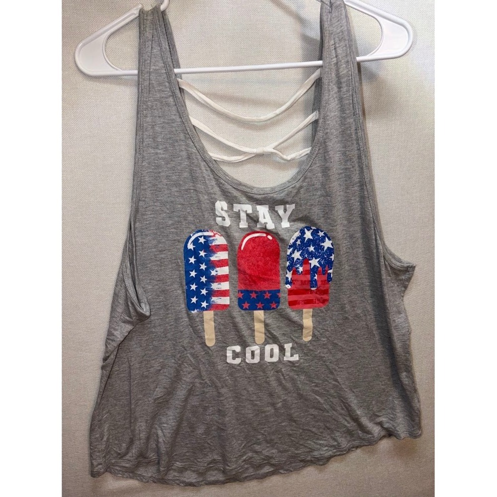 No Boundaries Womens 3XL Stay Cool Patriotic Popsicle Tank Top Gray Strappy Back